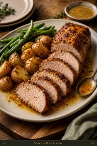 Sliced air fryer pork tenderloin with browned edges, tender center, roasted potatoes, green beans, and juices on a serving board.