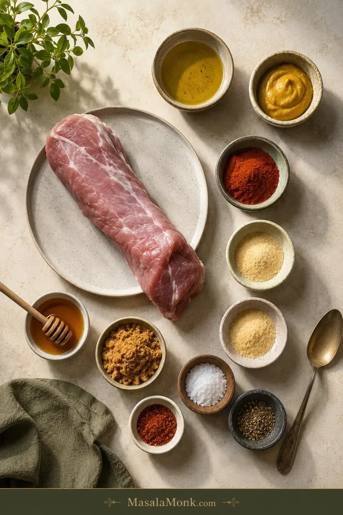 Overhead view of pork tenderloin ingredients including raw pork, oil, Dijon mustard, smoked paprika, garlic powder, onion powder, salt, pepper, honey, and brown sugar.