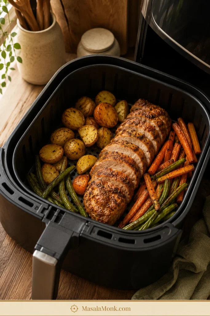 Air fryer basket with sliced pork tenderloin, roasted baby potatoes, carrots, and green beans.