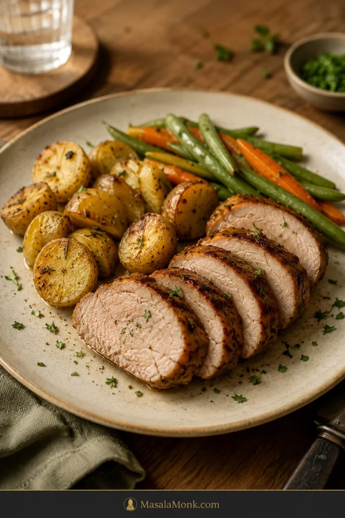 Plate of sliced pork tenderloin served with roasted potatoes, green beans, carrots, and herbs.