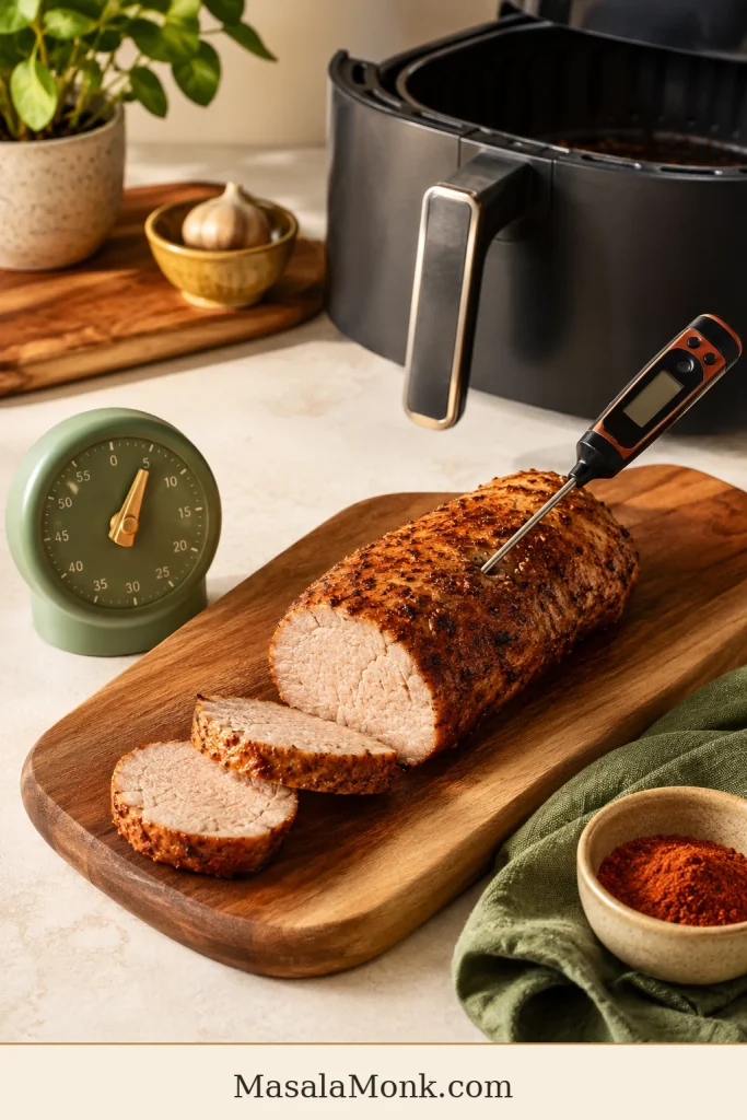 Cooked pork tenderloin on a cutting board with an instant-read thermometer, kitchen timer, air fryer, spice bowl, and green towel.