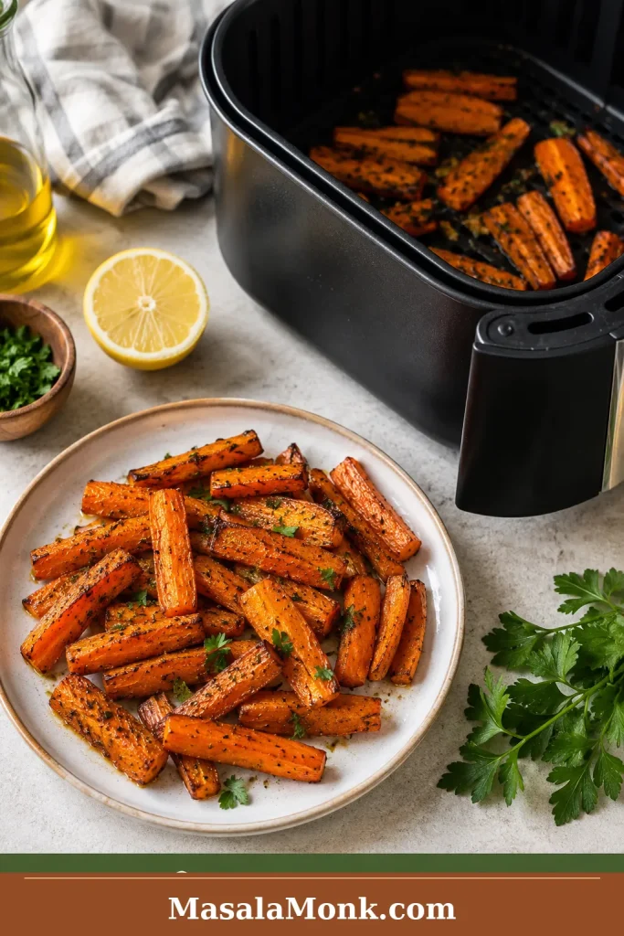 Air fryer roasted carrots with browned edges and herbs served beside an air fryer basket.