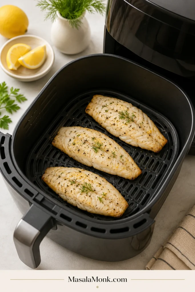 Three lightly browned rockfish fillets arranged in a single layer inside an air fryer basket.