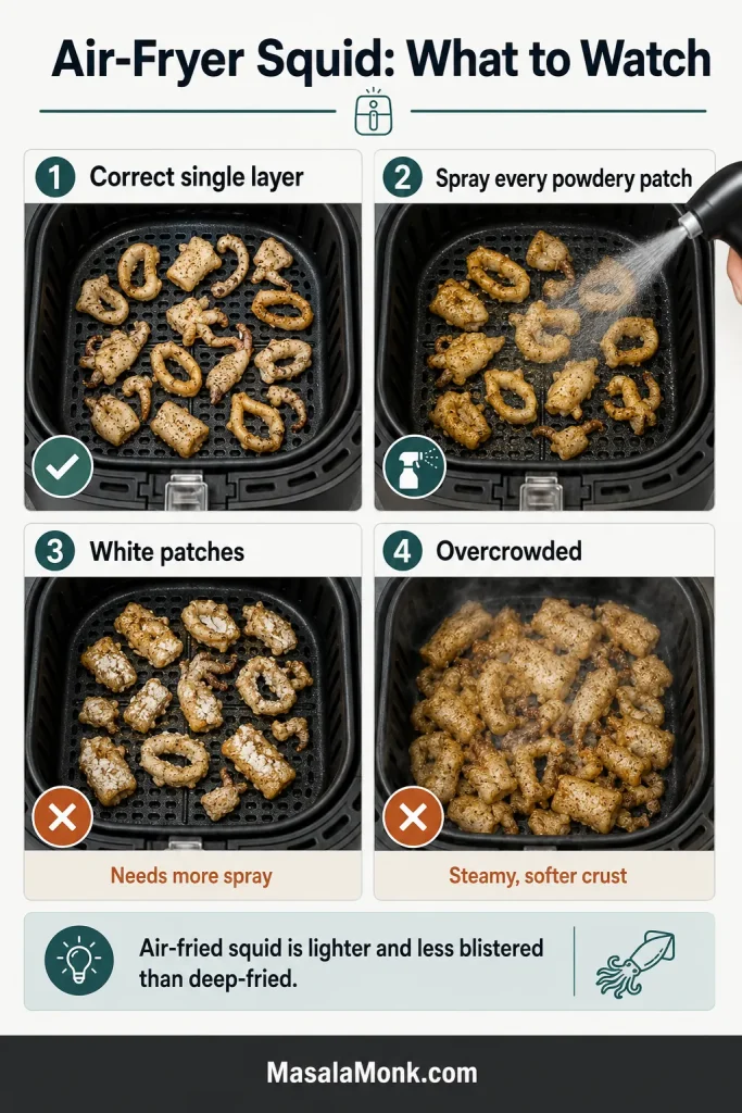 Air-fryer guide showing single-layer squid, sprayed coating, dry white patches and an overcrowded basket.