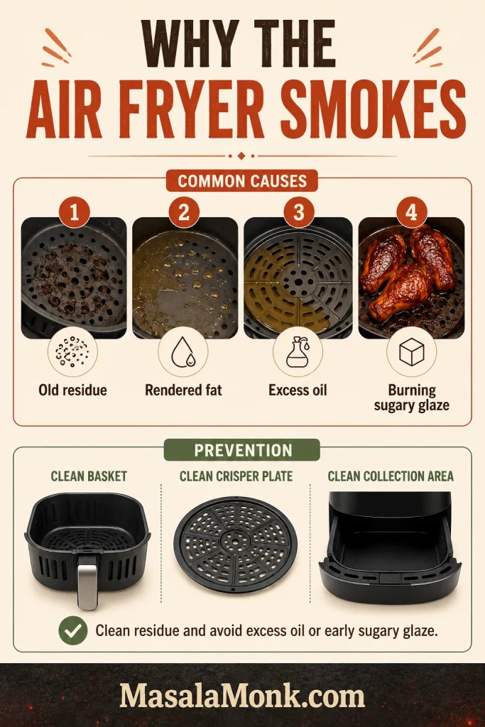 Infographic showing common air fryer smoke causes including old residue, rendered fat, excess oil and burning sugary glaze, with a clean basket shown as prevention.