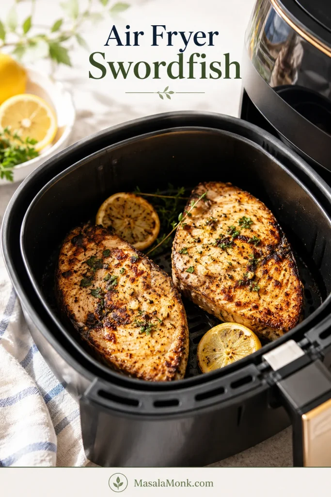 Air fryer basket with two cooked swordfish steaks, lemon slices, herbs, and browned seasoning.
