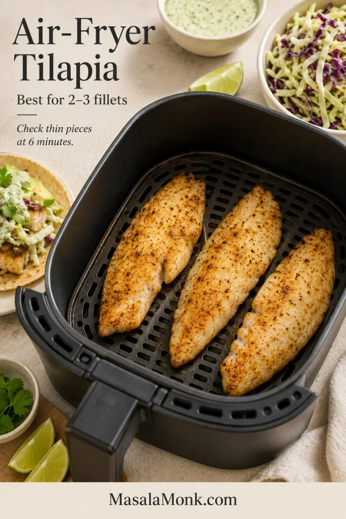 Open air-fryer basket containing three separated golden tilapia fillets, with cabbage slaw, pale sauce, lime wedges and a prepared taco nearby.