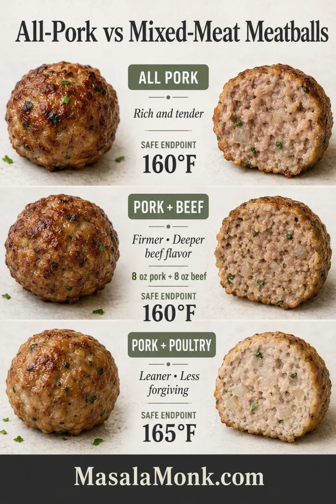 Comparison of all-pork, pork-and-beef, and pork-and-poultry meatballs with cooked interiors and safe temperature labels.
