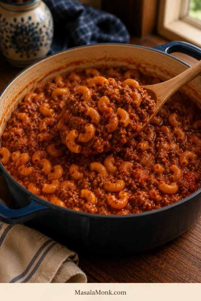 Rested American goulash in a Dutch oven with elbow macaroni, ground beef, tomato sauce, and a wooden spoon.