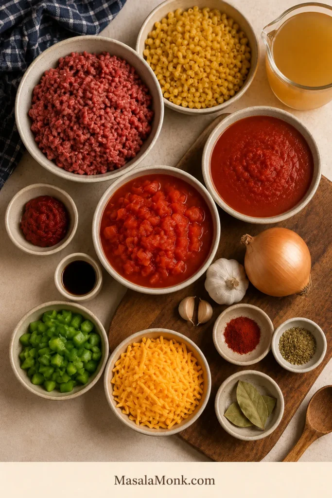 Ingredients for American goulash including ground beef, elbow macaroni, tomato sauce, diced tomatoes, onion, garlic, broth, spices, and cheddar.