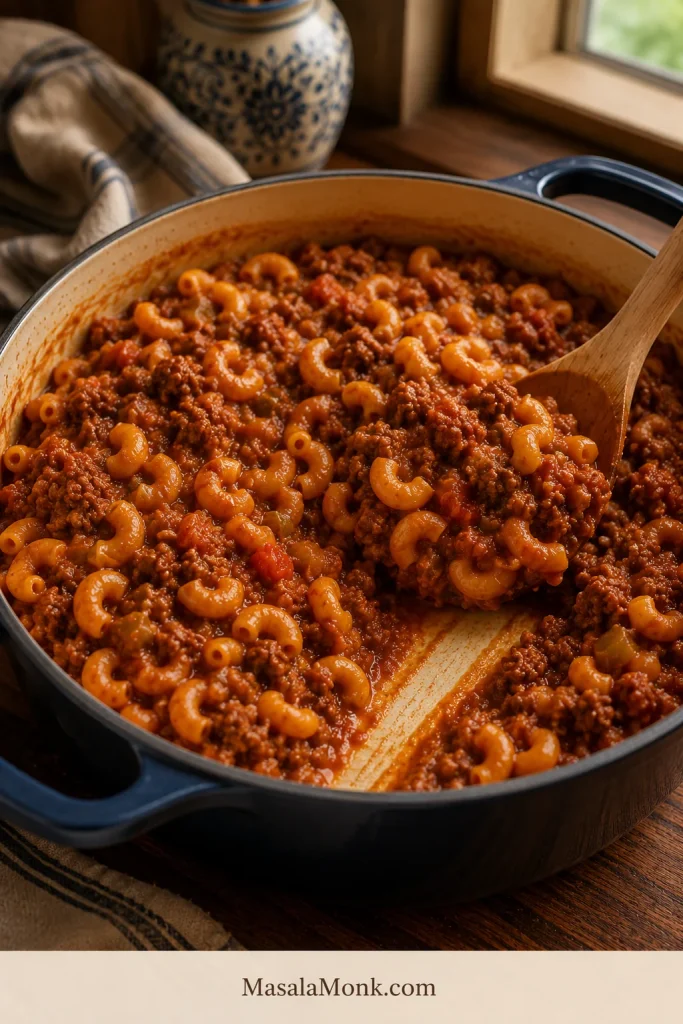 Spoon dragging through American goulash in a Dutch oven, showing just-tender macaroni in tomato beef sauce.