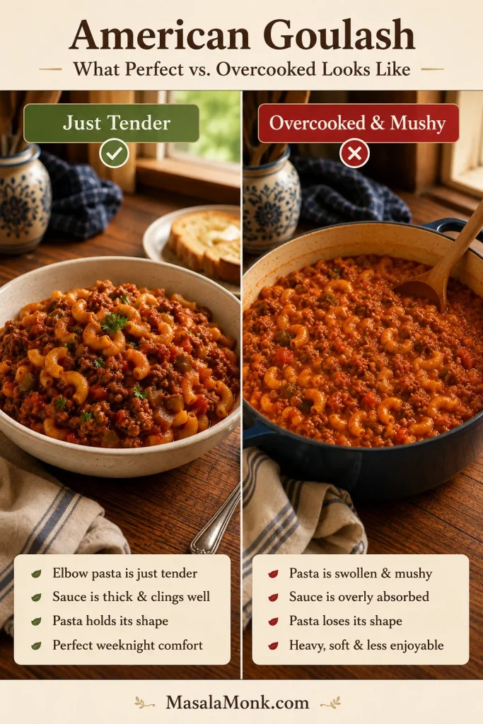 Split comparison of American goulash showing just-tender macaroni on one side and overcooked mushy macaroni on the other.