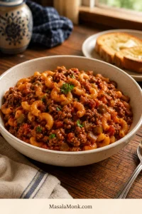 Bowl of American goulash with elbow macaroni, ground beef, tomato sauce, parsley, and buttered toast in the background.