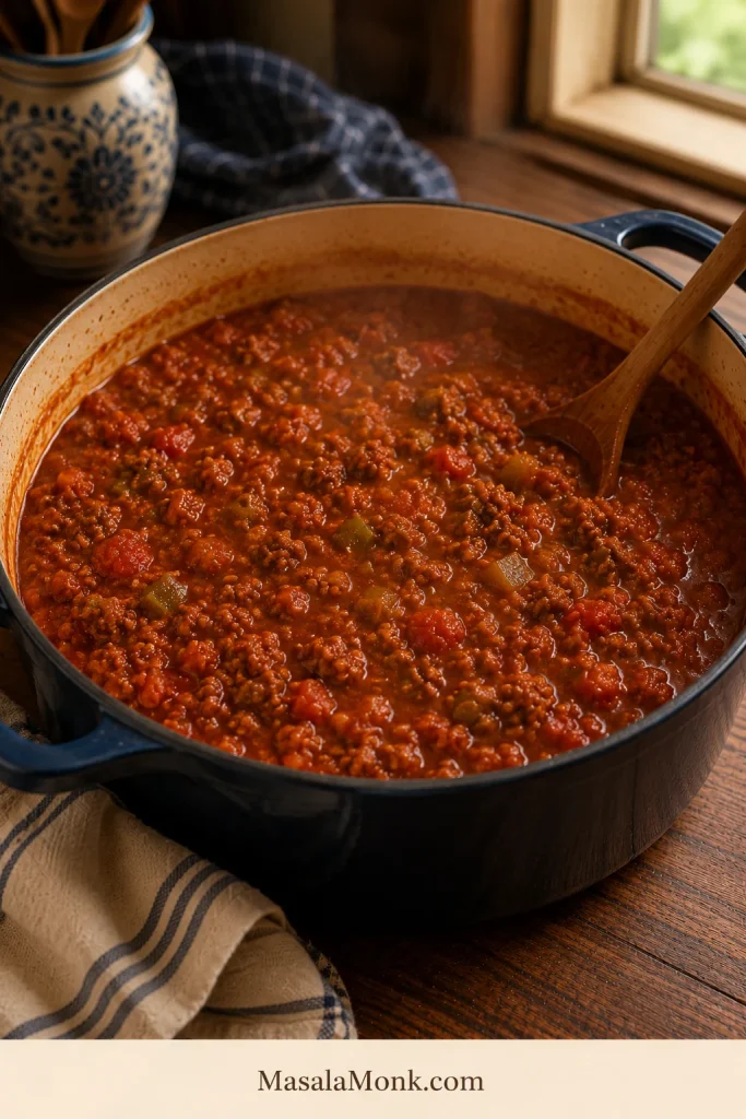 Tomato beef sauce simmering in a Dutch oven before dry elbow macaroni is added.