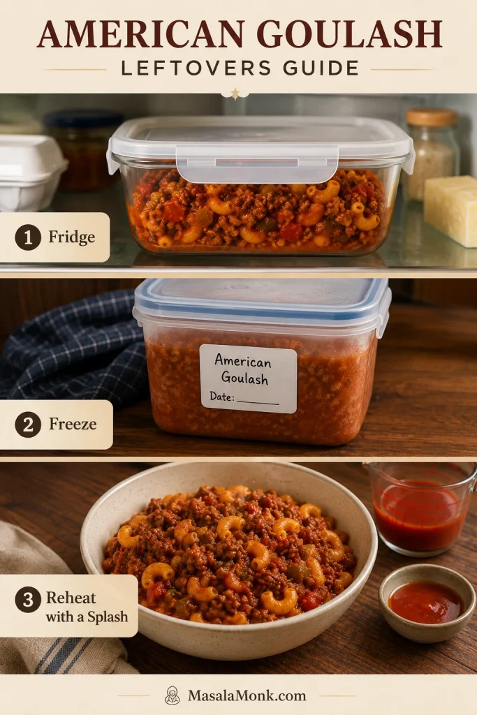 Three-panel guide showing American goulash stored in the fridge, frozen in a container, and reheated with extra sauce or liquid.