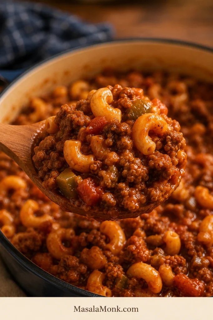 Spoon lifting American goulash with elbow macaroni, ground beef, and thick tomato sauce clinging to the pasta.