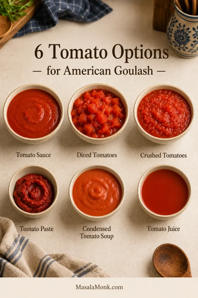 Six tomato options for American goulash labeled tomato sauce, diced tomatoes, crushed tomatoes, tomato paste, condensed tomato soup, and tomato juice.