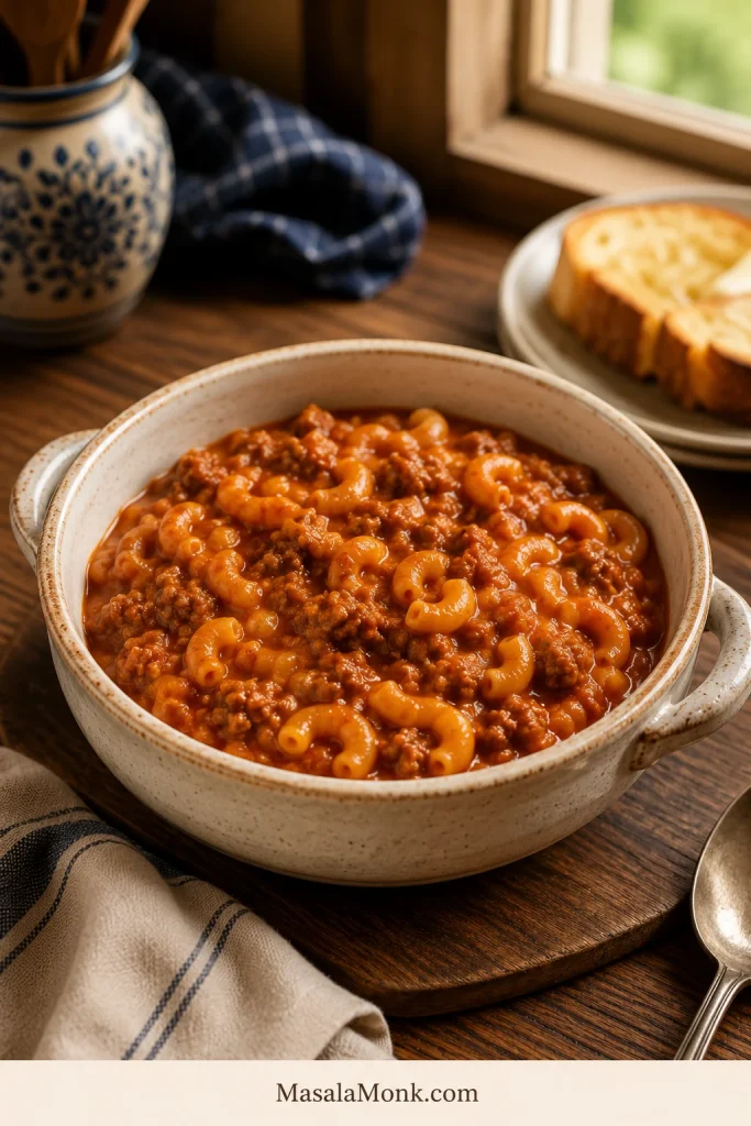 Smooth American goulash without diced tomato chunks, served in a bowl with elbow macaroni and ground beef in tomato sauce.