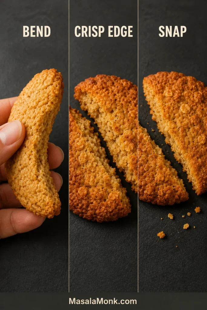 Macro comparison of Anzac biscuits bending at the centre, showing a crisp edge and breaking into crunchy snapped pieces.
