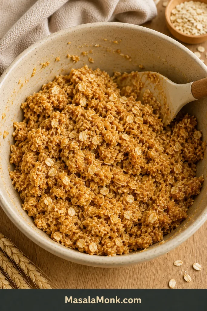 Correct Anzac biscuit mixture in a bowl, looking rough, oat-filled and moist enough to press together.