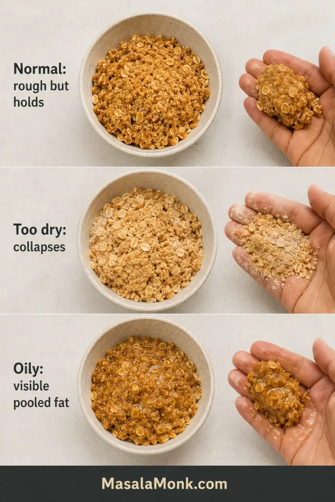 Three Anzac biscuit mixtures comparing normal rough texture, too-dry crumbs and oily mixture with visible pooled fat.