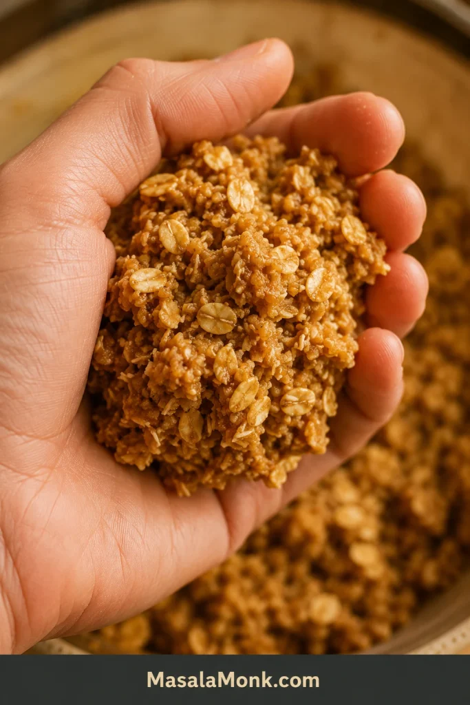 A hand holding a rough clump of Anzac biscuit mixture that stays together after squeezing.