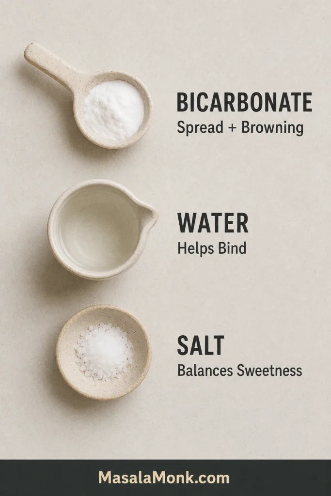 Bicarbonate, water and salt shown with labels explaining their roles in browning, binding and balancing sweetness.