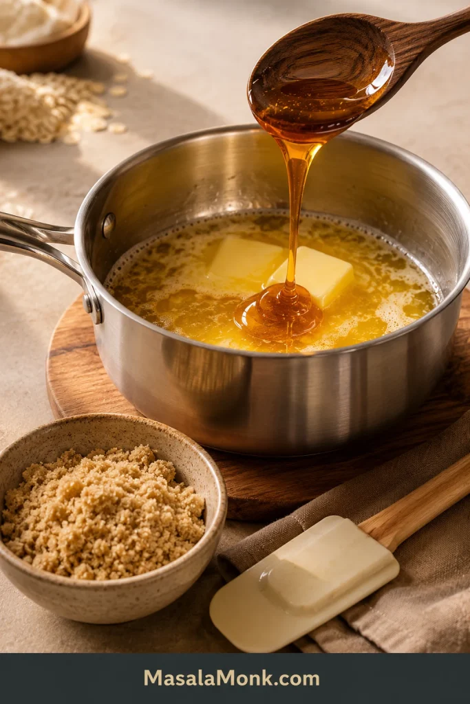 Golden syrup pouring into melted butter in a saucepan with brown sugar nearby.