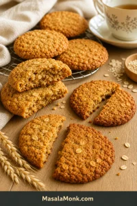Three golden Anzac biscuits with visible oats and coconut, including a broken chewy biscuit, a crisp-edged biscuit and a snapped crunchy biscuit beside tea.