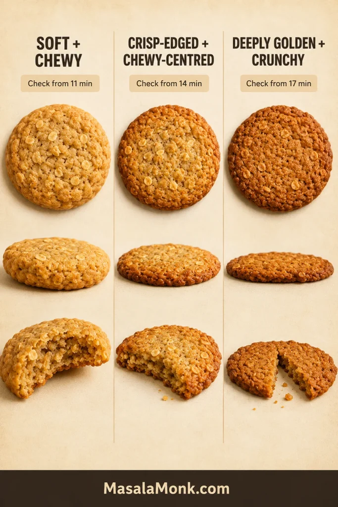 Three Anzac biscuit textures compared by top colour, thickness and broken interior: soft and chewy, crisp-edged and chewy-centred, and deeply golden and crunchy.