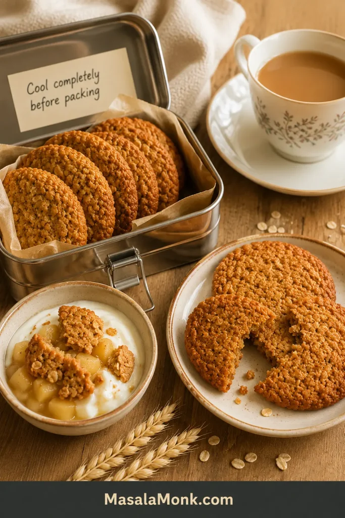 Cooled Anzac biscuits packed for serving with tea and broken pieces served with yogurt and fruit.
