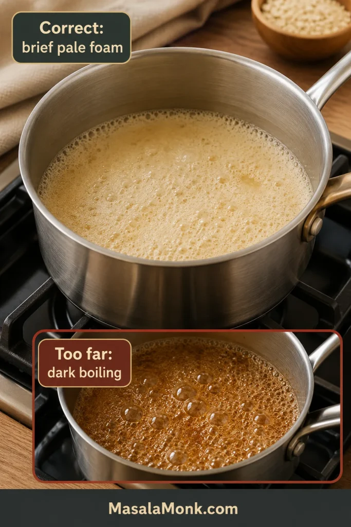 Two saucepans showing correct pale bicarbonate foam and a darker overheated syrup mixture for Anzac biscuits.