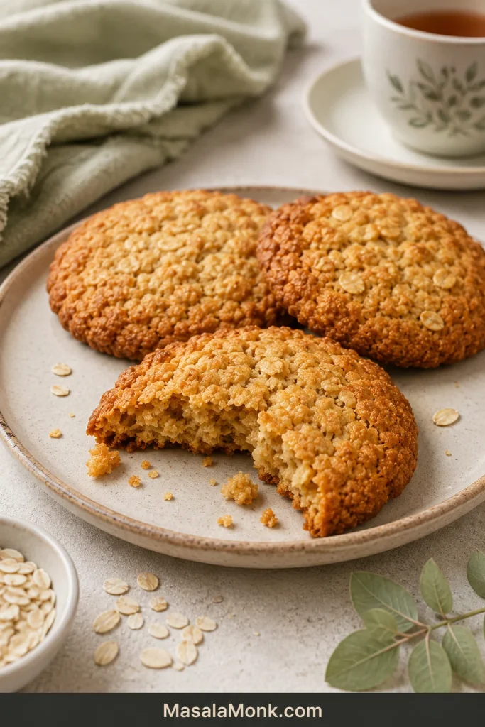 A broken medium-golden Anzac biscuit with a crisp edge and chewy centre on a pale plate.