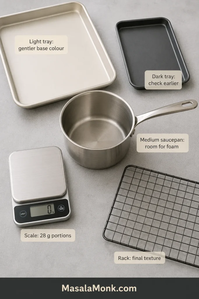 A light baking tray, dark baking tray, medium saucepan, digital scale and wire cooling rack for making Anzac biscuits.