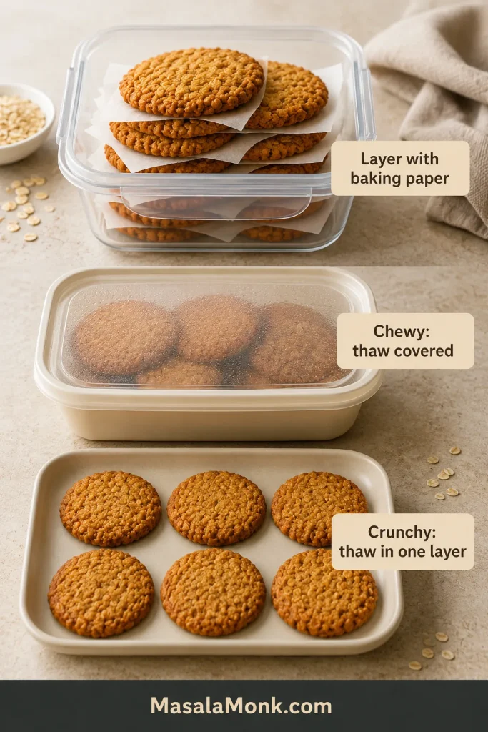 Freezing guide showing Anzac biscuits layered with baking paper, chewy biscuits thawing covered and crunchy biscuits thawing in one layer.