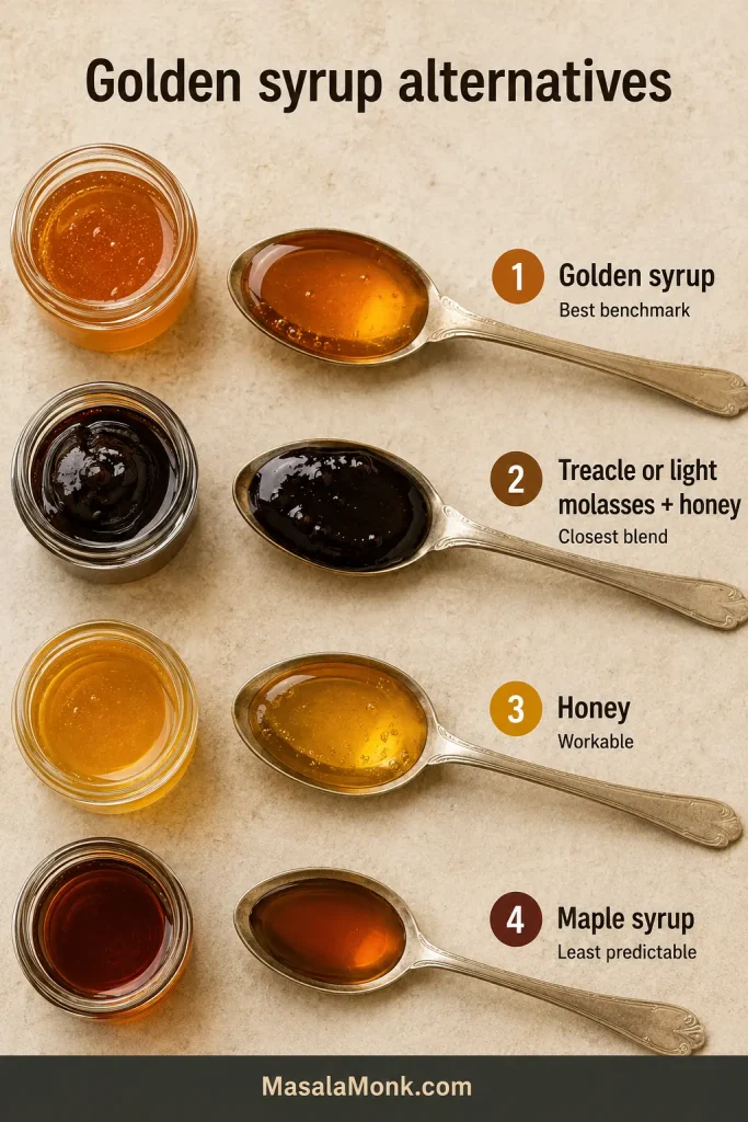 Four syrup options for Anzac biscuits showing golden syrup, a treacle or molasses and honey blend, honey, and maple syrup.