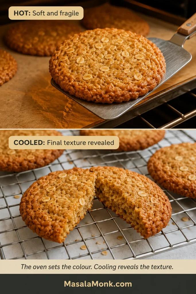 A hot Anzac biscuit on parchment compared with a cooled broken biscuit on a wire rack.
