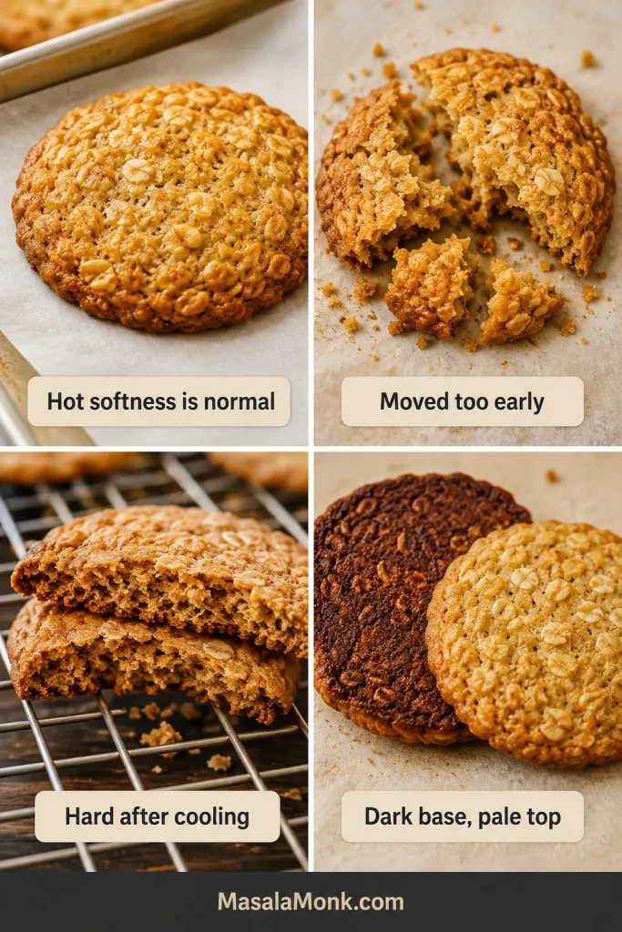 Four Anzac biscuit troubleshooting examples showing soft hot biscuits, early breakage, hard cooled texture and a dark base with a pale top.