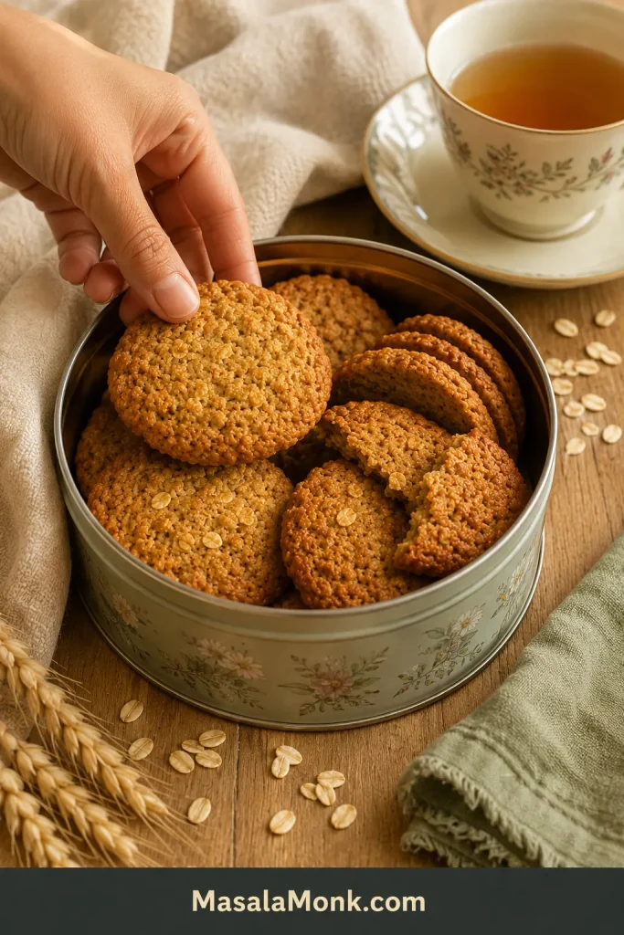 A hand reaching into a tin of golden Anzac biscuits beside tea and a soft green cloth.