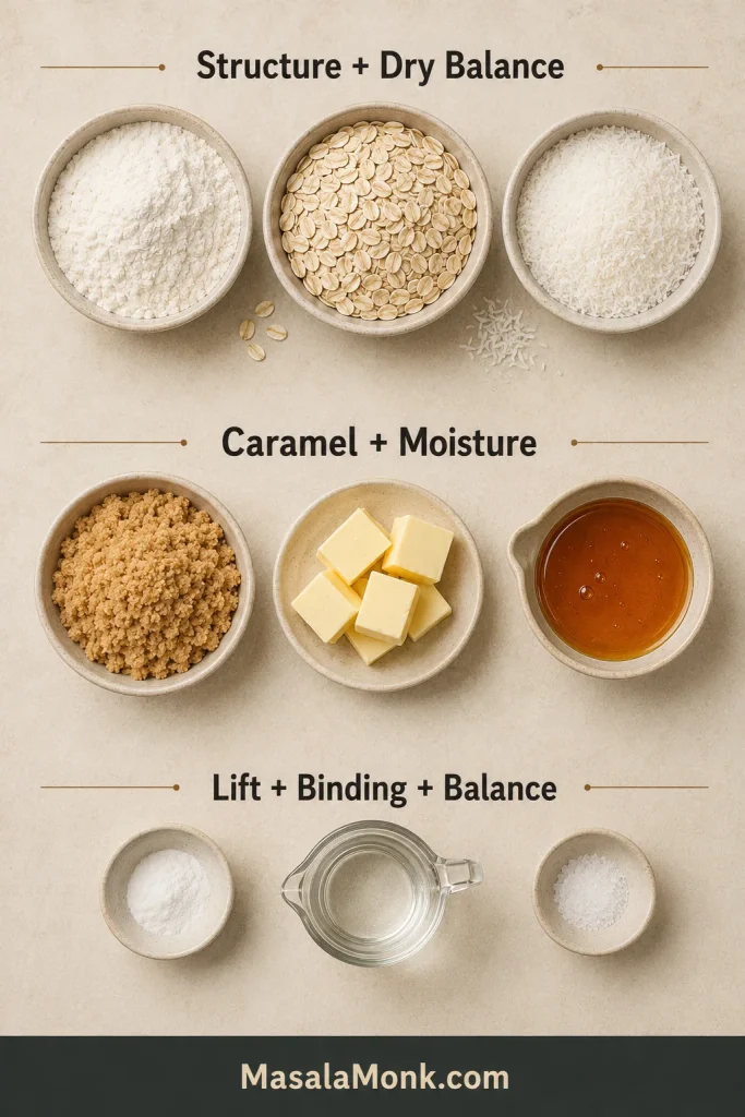Measured ingredients for Anzac biscuits arranged in groups including flour, rolled oats, desiccated coconut, butter, brown sugar, golden syrup, bicarbonate, water and salt.