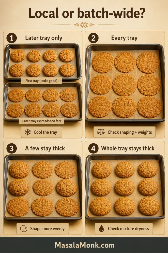 Troubleshooting board showing a later tray spreading, every tray spreading, a few biscuits staying thick and a whole tray staying thick.