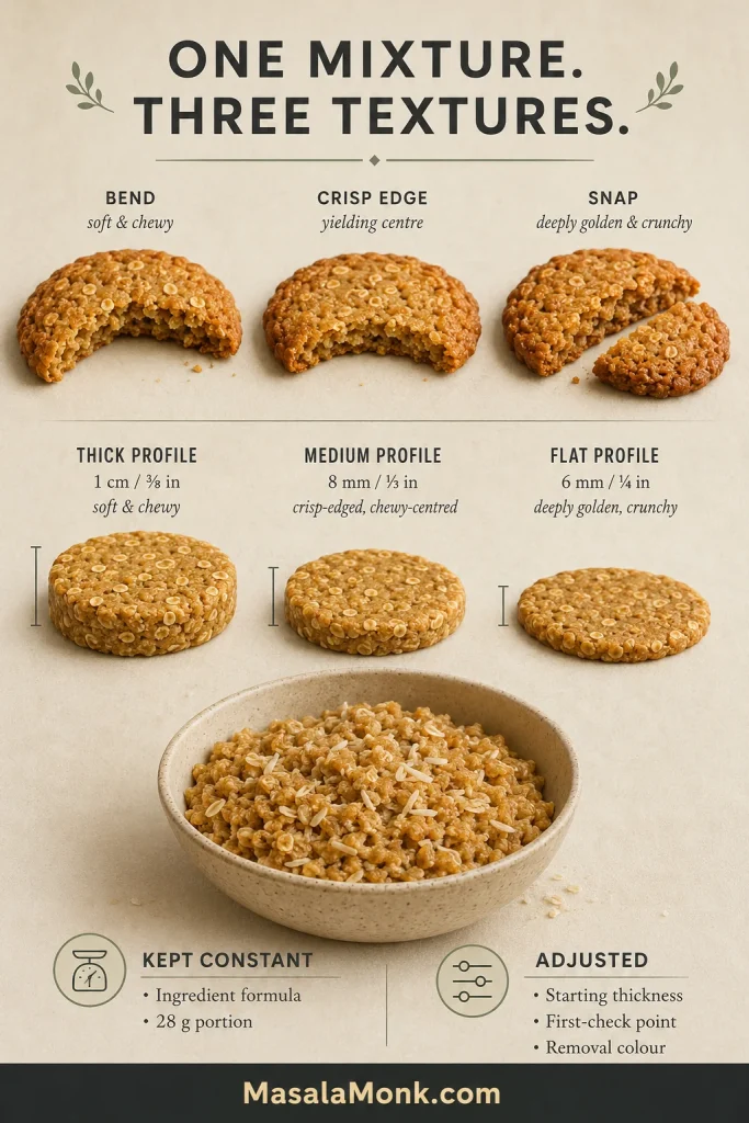 One bowl of Anzac biscuit mixture leading to three shaped portions and three finished textures: chewy, crisp-edged and crunchy.