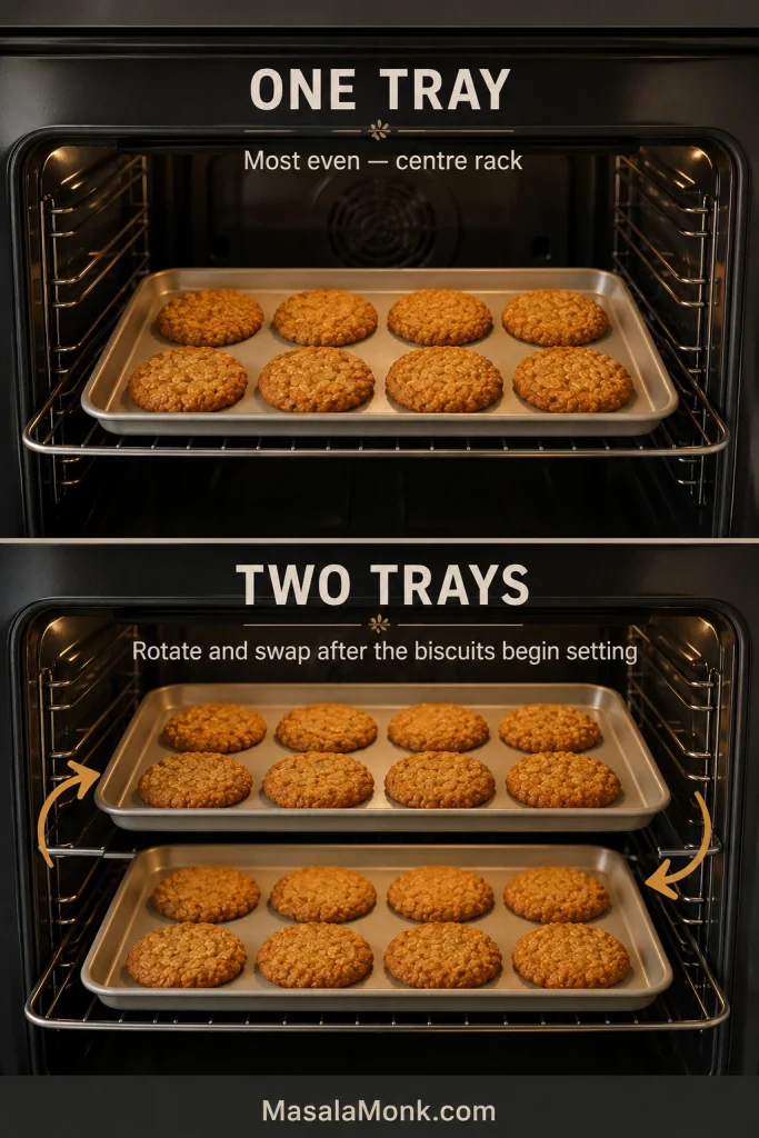 Oven guide showing one Anzac biscuit tray on the centre rack and two trays being rotated and swapped during baking.