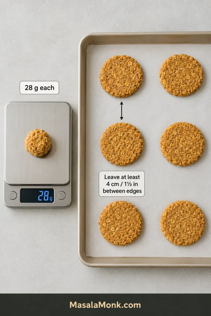 A digital scale showing a 28 gram Anzac biscuit portion beside evenly spaced shaped biscuits on a parchment-lined baking tray.