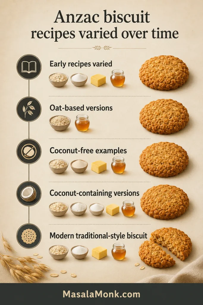 Timeline showing variation in Anzac biscuit recipes with oat-based versions, coconut-free examples, coconut-containing versions and a modern traditional-style biscuit.