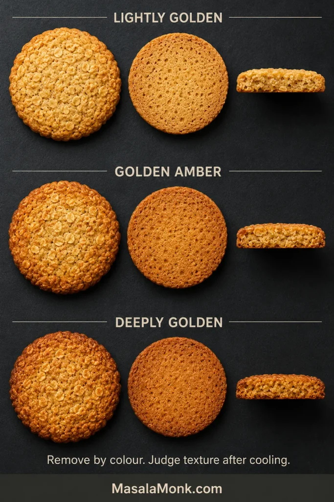 Anzac biscuits shown at lightly golden, golden amber and deeply golden removal stages with matching undersides.