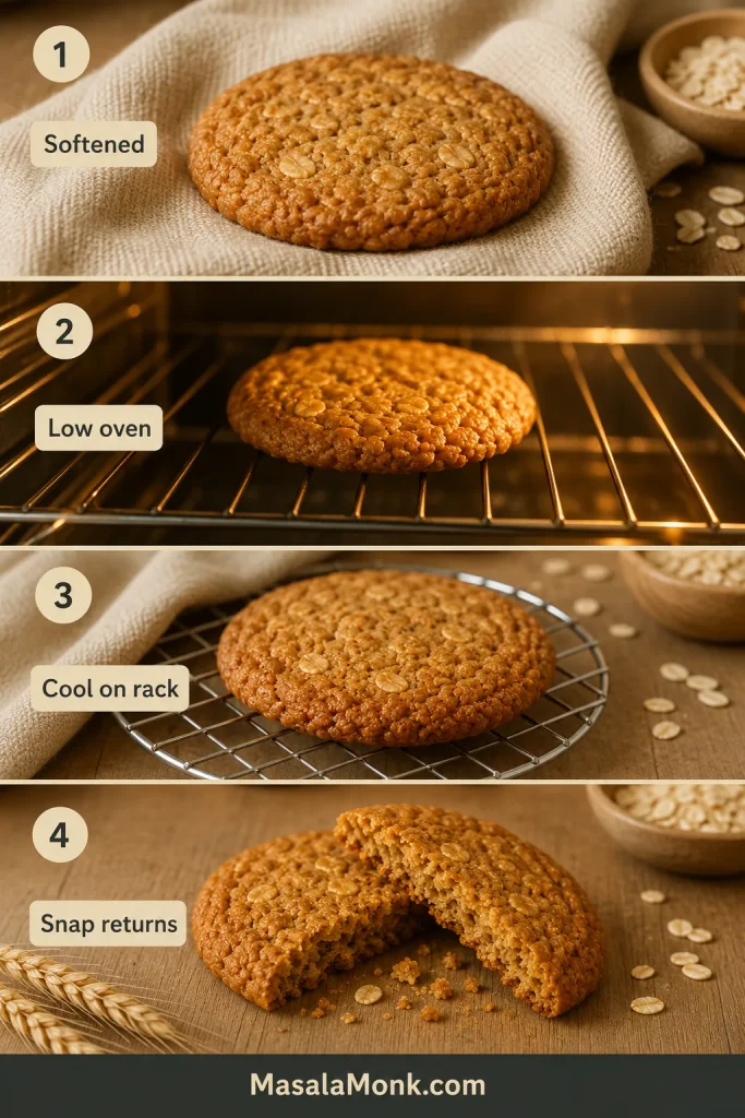 Four-step guide showing a softened Anzac biscuit, low oven warming, cooling on a rack and a restored crunchy snap.