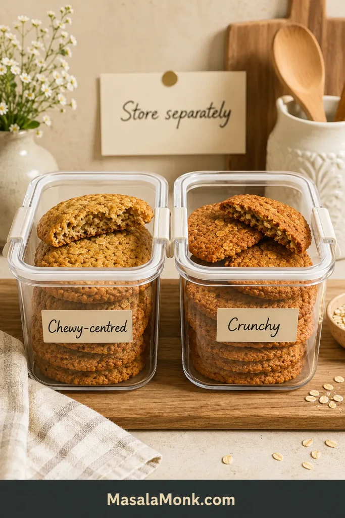 Chewy-centred and crunchy Anzac biscuits stored in separate airtight containers.