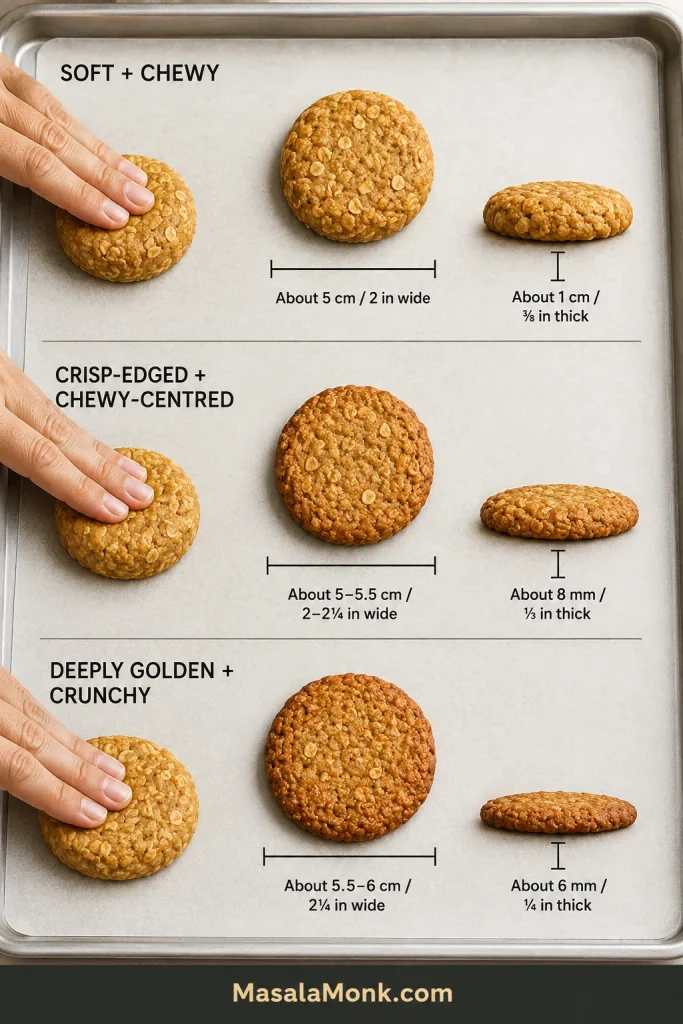 Three equal Anzac biscuit portions shaped into thick, medium and thin discs with width and thickness guides.