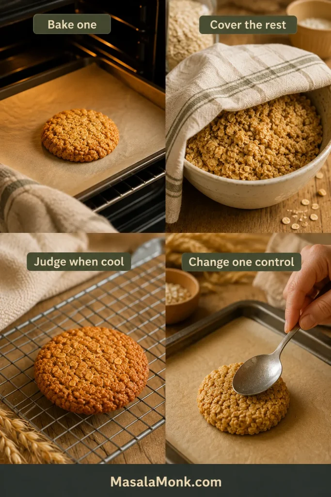 Four-step guide showing one Anzac biscuit baked, the remaining mixture covered, the baked biscuit cooling, and one control being adjusted.